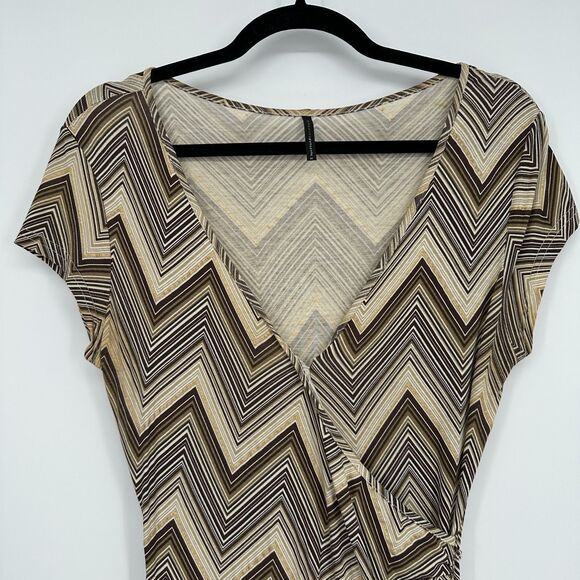 Naf Naf Womens Faux Wrap Midi Dress Size M Chevron Neutral Retro Office Stretch - Picture 6 of 9